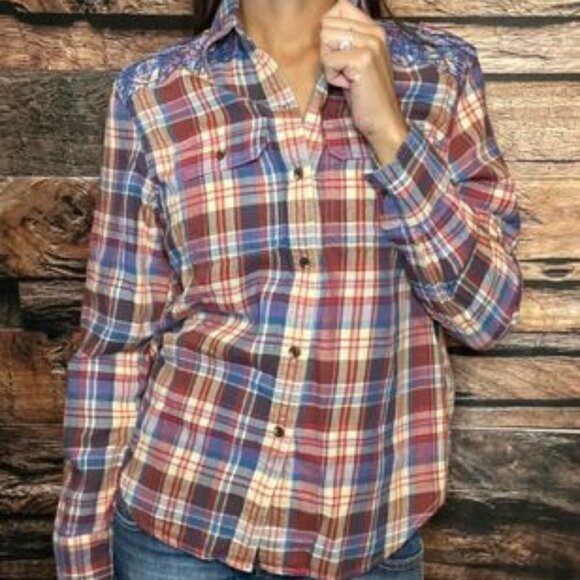 Chaps Flannel Top with Embroidery Detail on Shoulders - Picture 1 of 13